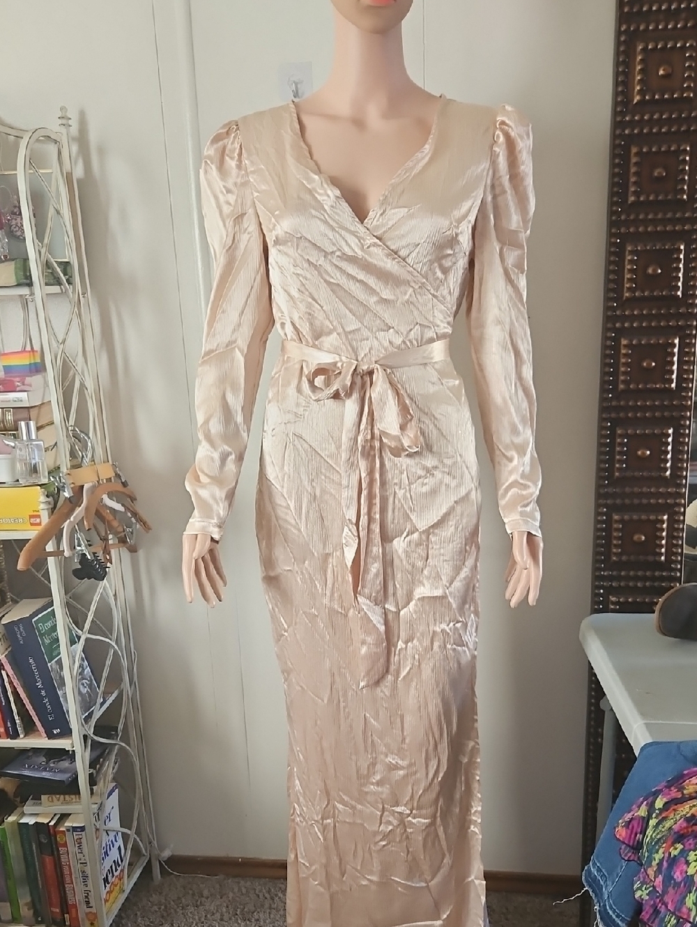 Satin Wrap Maxi Dress in Champagne Blush